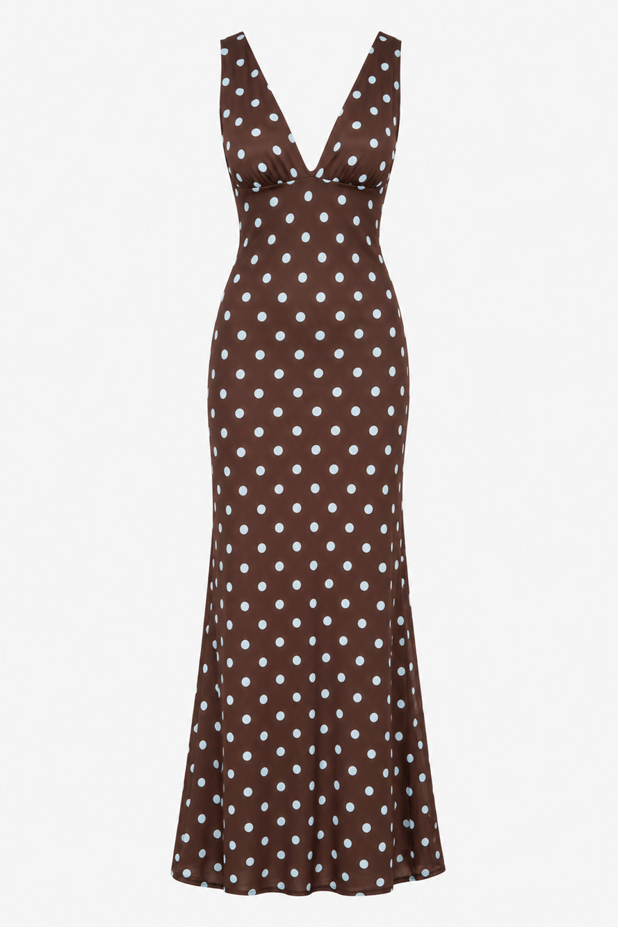 American Threads - Lettie Mesh Maxi Dress -  Brown Polka Dot - Size S (Like New)